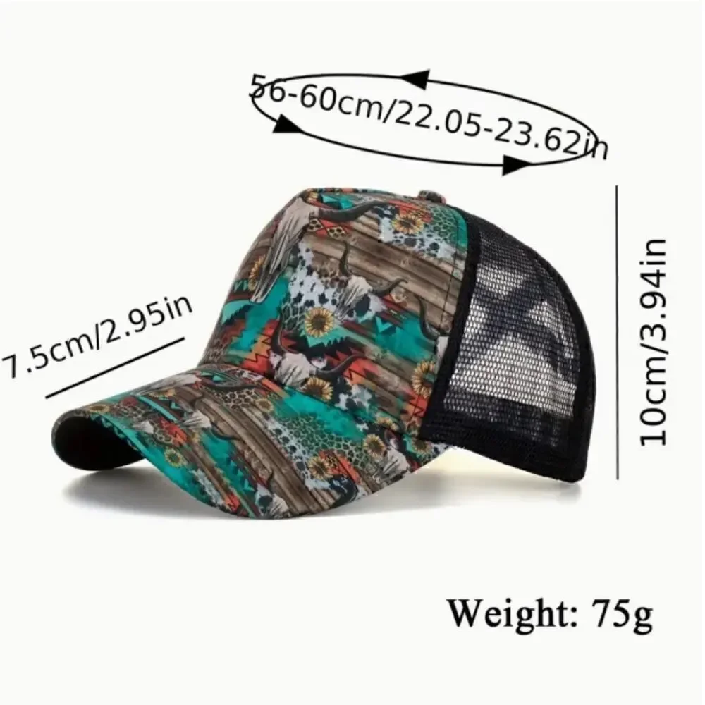 NEW! Southwestern Bull Skull Women's Trucker Hat Ball Cap Longhorn Cow Aztec
